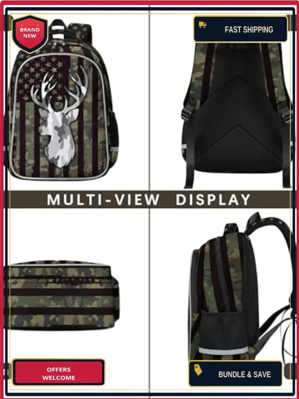 American Flag Camo Deer Boys Backpack Waterproof School Daypack Laptop Pocket